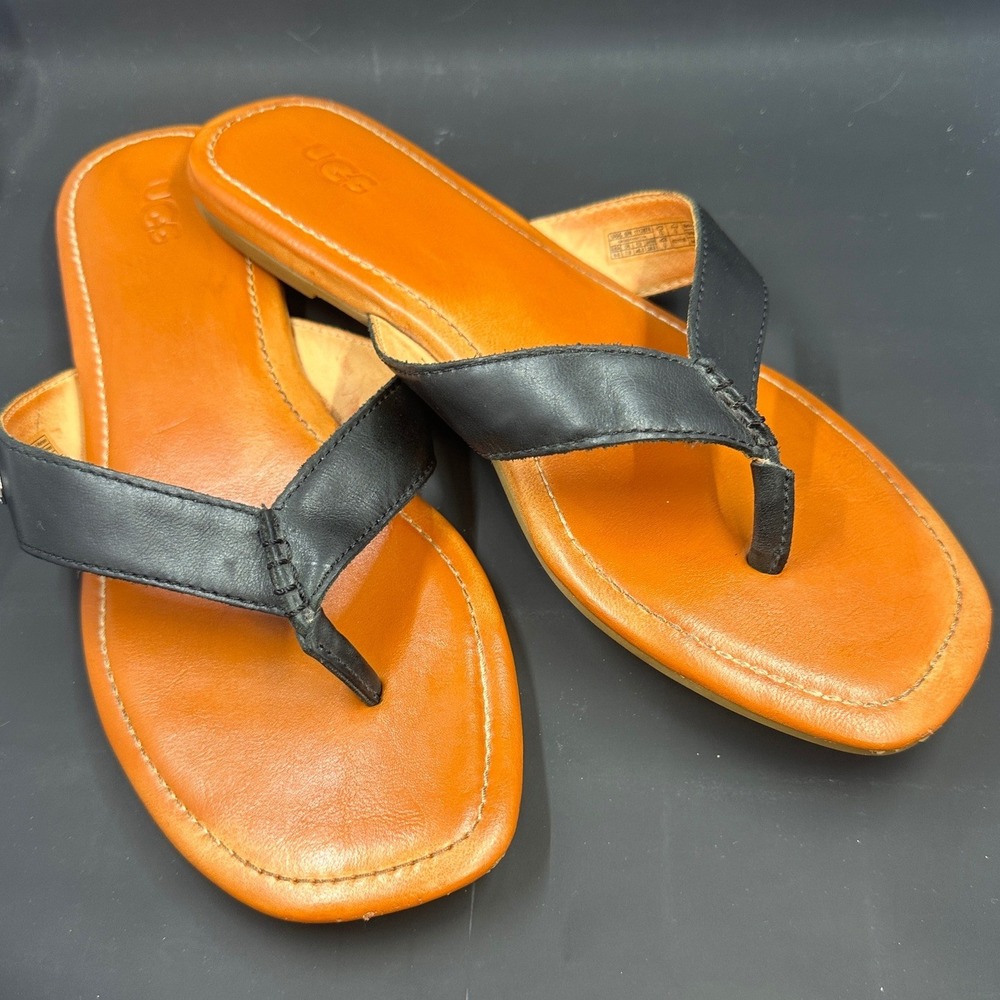 UGG Tuolumne Sandal Womens 9.5 Black Tan Leather Flip Flop 1112870